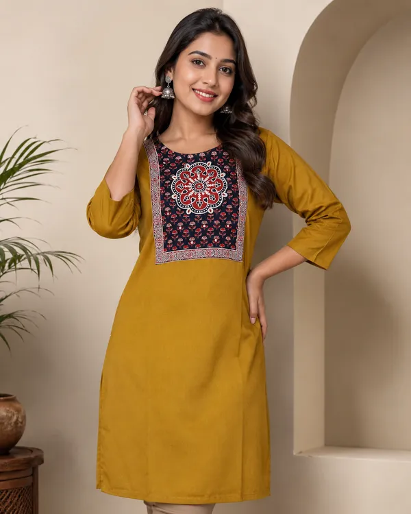 Pure_cotton_kurti_with_unique_embroidery_on_neck_with_mirror_work