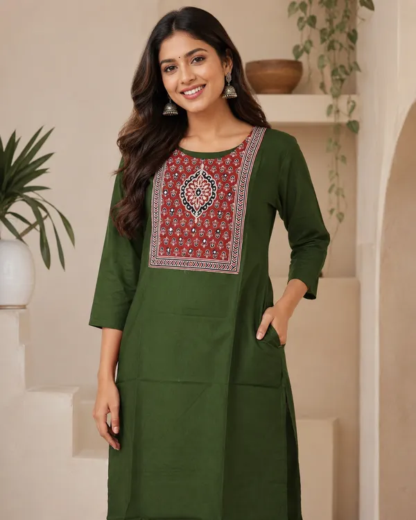 Pure_cotton_kurti_with_unique_embroidery_on_neck_with_mirror_work
