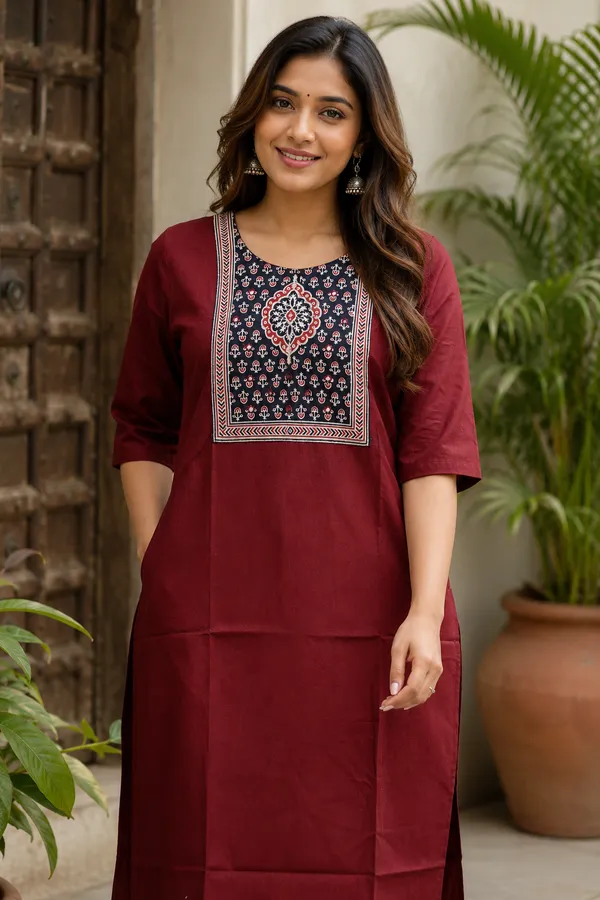 Pure_cotton_kurti_with_unique_embroidery_on_neck_with_mirror_work