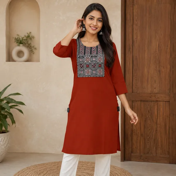 Pure_cotton_kurti_with_unique_embroidery_on_neck_with_mirror_work