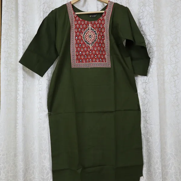 Pure_cotton_kurti_with_unique_embroidery_on_neck_with_mirror_work