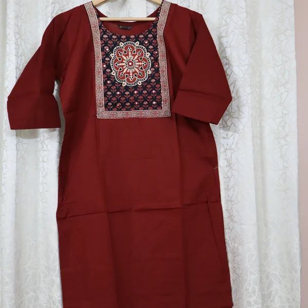 Pure_cotton_kurti_with_unique_embroidery_on_neck_with_mirror_work