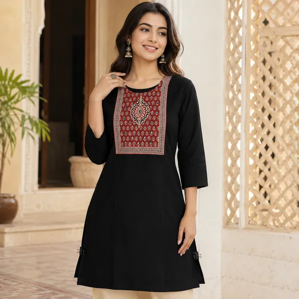 Pure_cotton_kurti_with_unique_embroidery_on_neck_with_mirror_work
