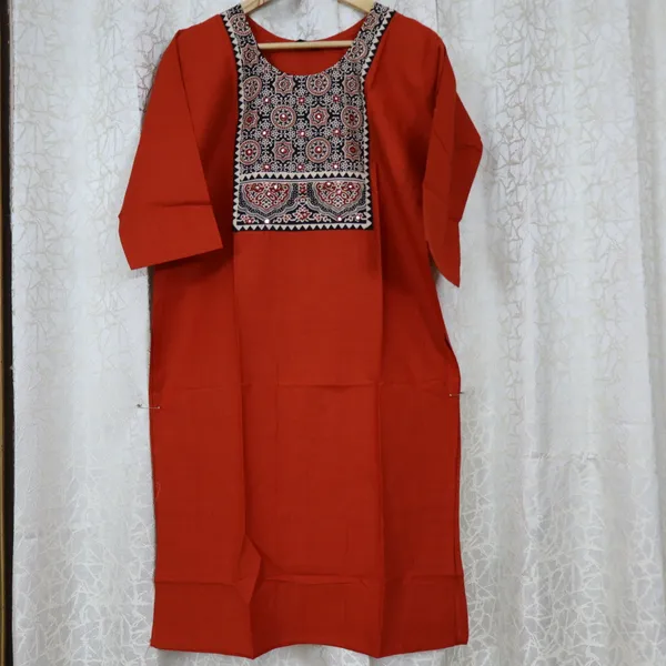 Pure_cotton_kurti_with_unique_embroidery_on_neck_with_mirror_work