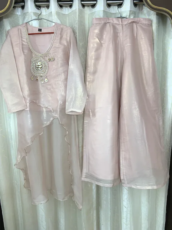 Tissue_Metallic_with_heavy_embroidery_asymmetrical_shirt_co-ord_set_with_Flair_Plazo_