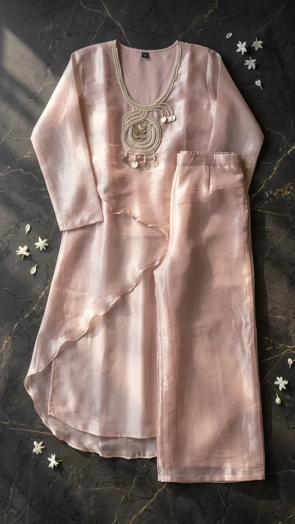 Tissue_Metallic_with_heavy_embroidery_asymmetrical_shirt_co-ord_set_with_Flair_Plazo_