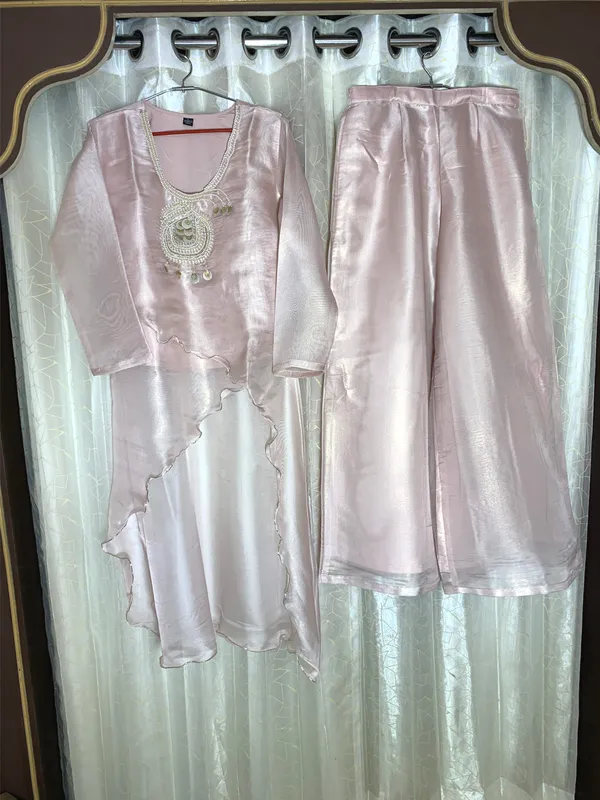 Tissue_Metallic_with_heavy_embroidery_asymmetrical_shirt_co-ord_set_with_Flair_Plazo_