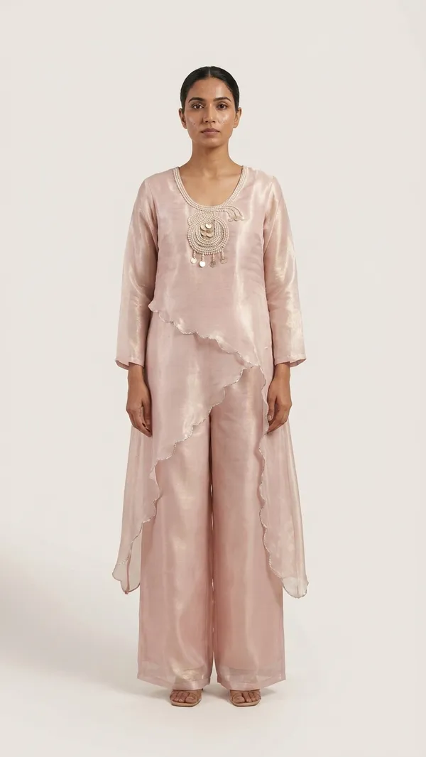 Tissue_Metallic_with_heavy_embroidery_asymmetrical_shirt_co-ord_set_with_Flair_Plazo_