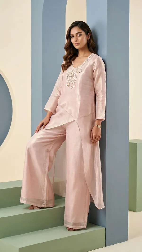 Tissue_Metallic_with_heavy_embroidery_asymmetrical_shirt_co-ord_set_with_Flair_Plazo_