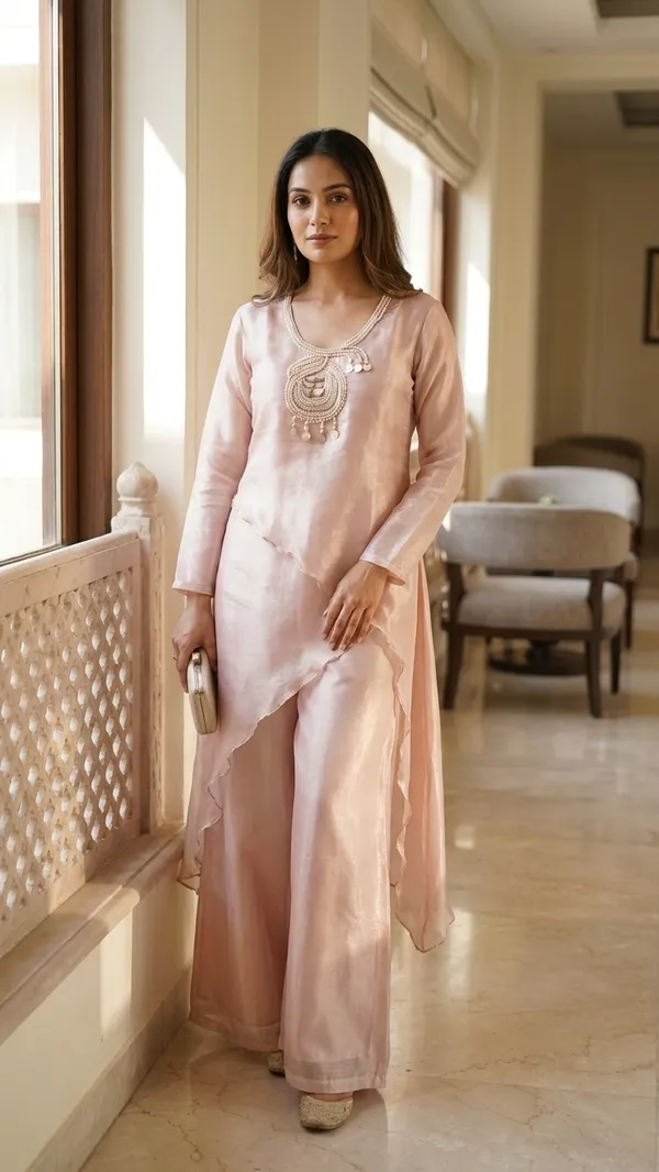 Tissue_Metallic_with_heavy_embroidery_asymmetrical_shirt_co-ord_set_with_Flair_Plazo_