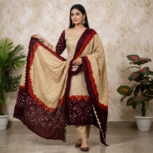 Beige_Rust_Maroon_Bandhani_Suit_Dress_Material_For_Women