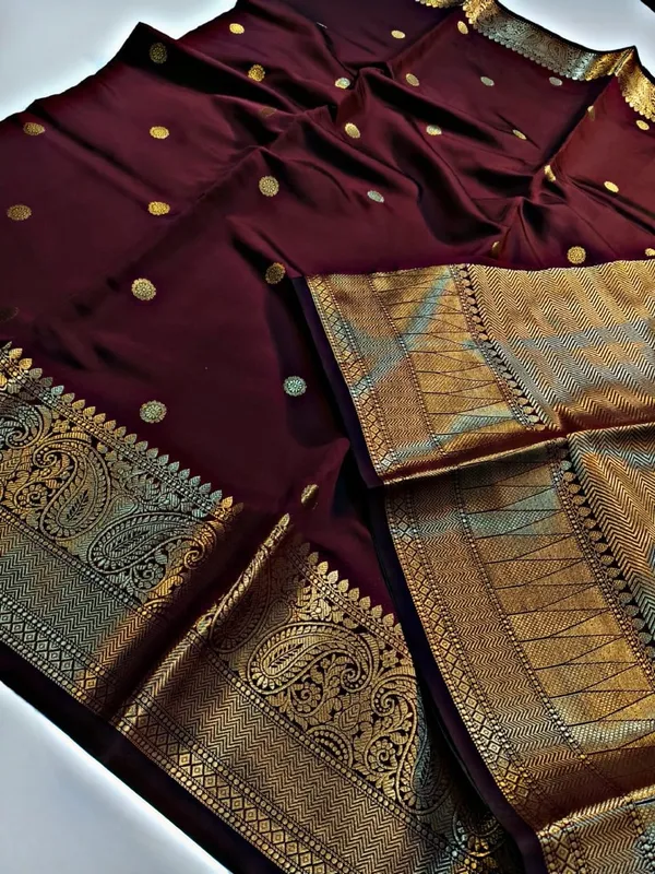 Maroon_Silk_Buti_Golden_Zari_Border_Saree_For_Women