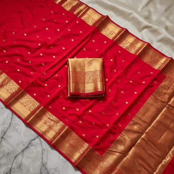 Red_Silk_Golden_Buti_Zari_Border_Brocade_Blouse_Saree_For_Women