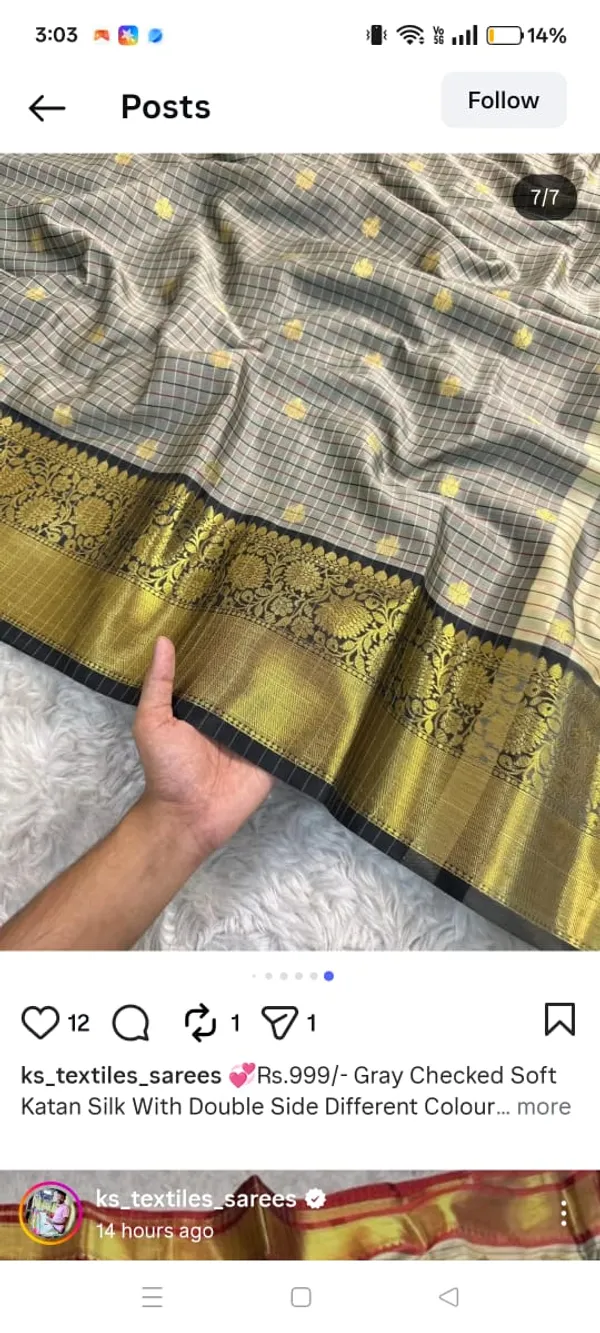 Grey_Silk_Checked_Golden_Zari_Border_Red_Blouse_Saree_For_Women