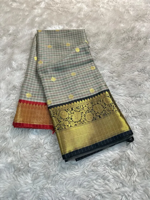 Grey_Silk_Checked_Golden_Zari_Border_Red_Blouse_Saree_For_Women