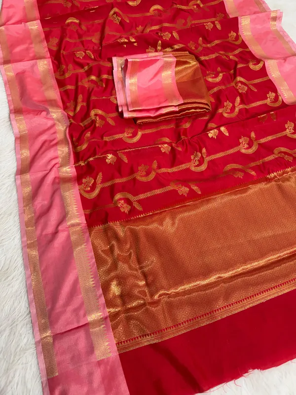 Red_Banarasi_Silk_Paisley_Golden_Zari_Pink_Border_Saree_For_Women