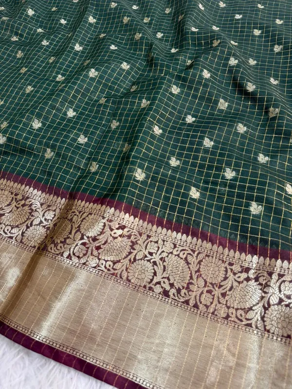 Green_Chanderi_Silk_Checkered_Zari_Border_Saree_For_Women