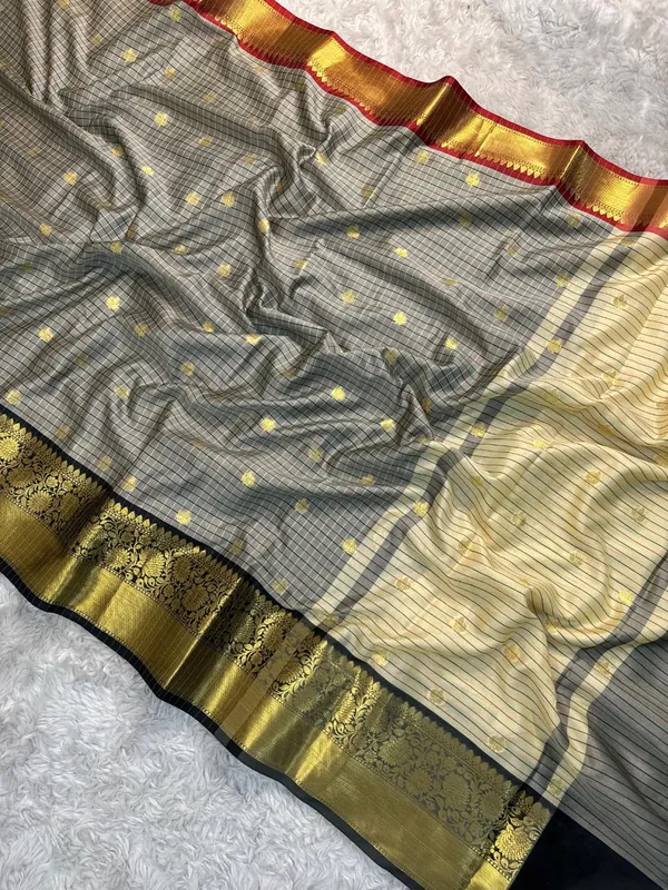 Grey_Silk_Checked_Golden_Zari_Border_Red_Blouse_Saree_For_Women