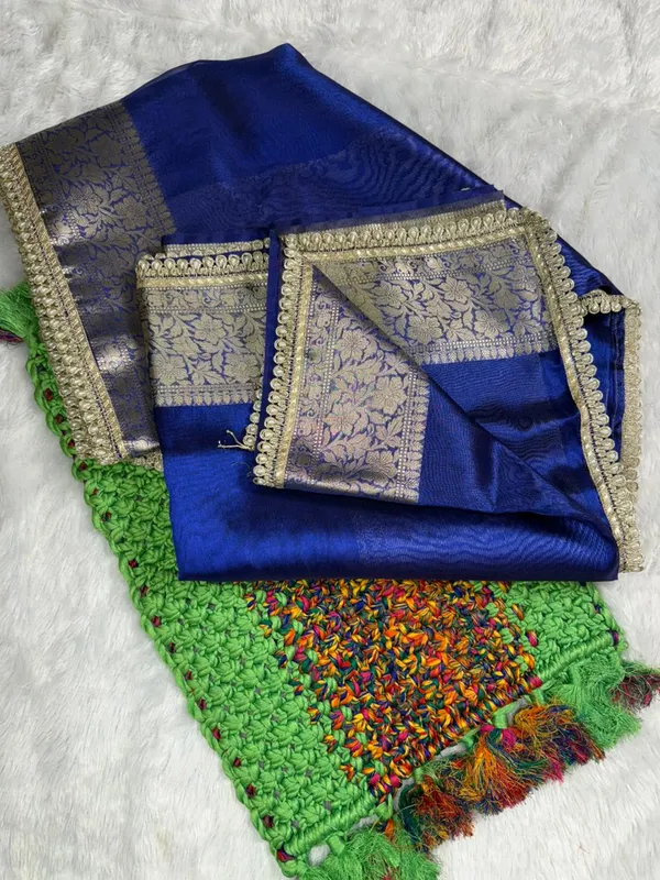 Royal_Blue_Banarasi_Silk_Zari_Work_Saree_With_Green_Blouse_For_Women