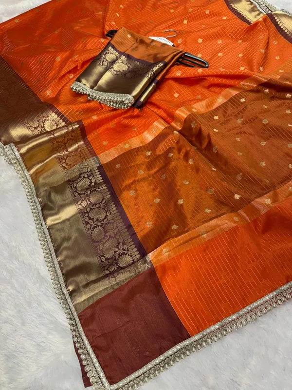 Orange_Chanderi_Silk_Butta_Work_Saree_With_Golden_Zari_Border_For_Women