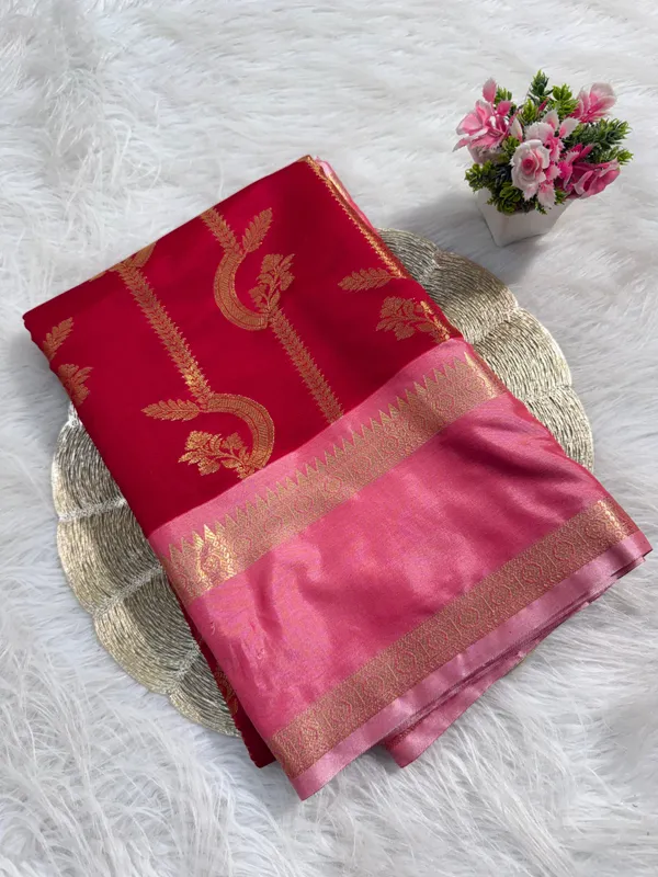 Red_Banarasi_Silk_Paisley_Golden_Zari_Pink_Border_Saree_For_Women