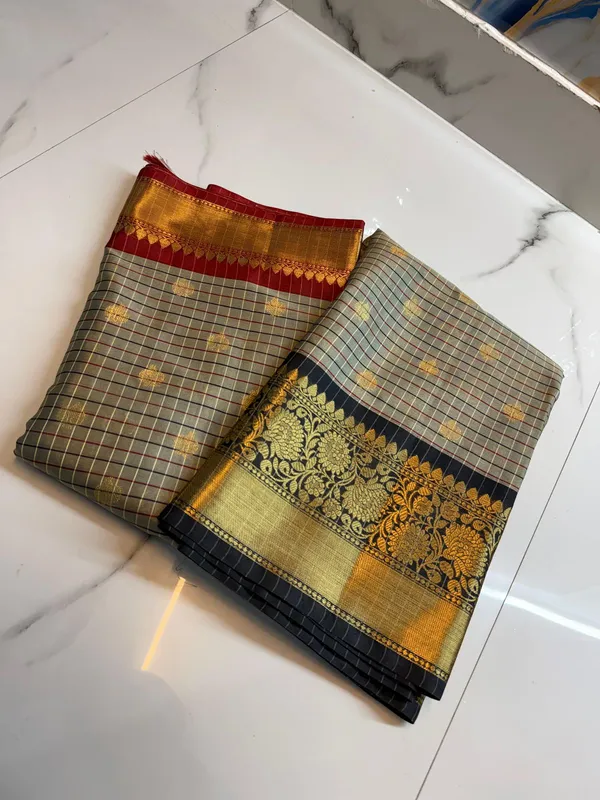 Grey_Silk_Checked_Golden_Zari_Border_Red_Blouse_Saree_For_Women