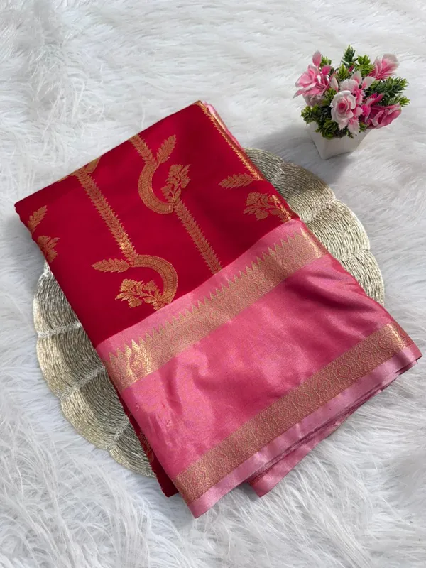 Red_Banarasi_Silk_Paisley_Golden_Zari_Pink_Border_Saree_For_Women