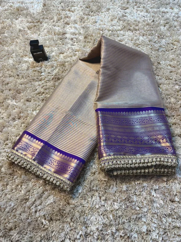 Grey_Blue_Silk_Checked_Saree_With_Purple_Zari_Border_For_Women