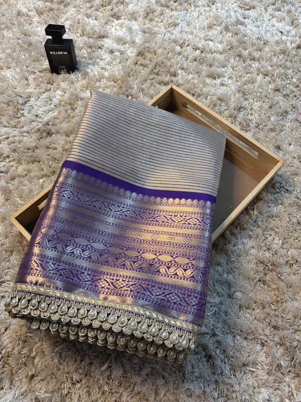 Grey_Blue_Silk_Checked_Saree_With_Purple_Zari_Border_For_Women