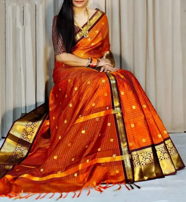 Orange_Silk_Zari_Floral_Motif_Saree_With_Purple_Pallu_For_Women