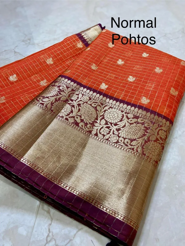 Orange_Kanjivaram_Silk_Zari_Butta_Saree_With_Maroon_Pallu_For_Women
