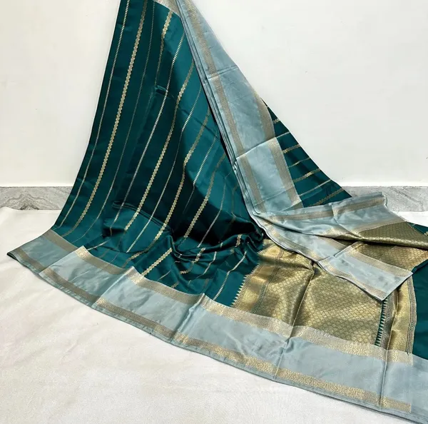Teal_Green_Silk_Zari_Striped_Saree_With_Golden_Border_For_Women