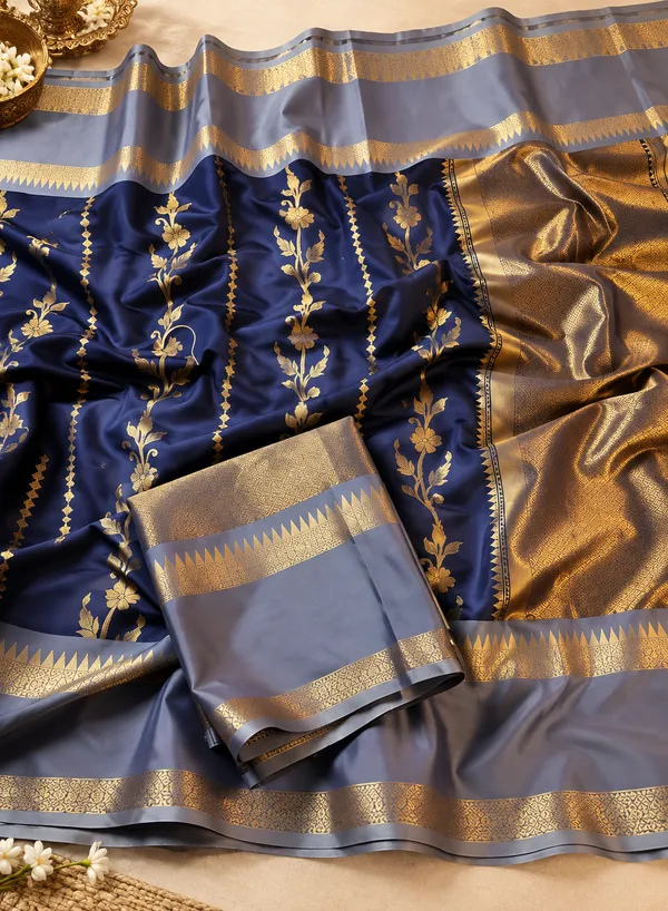 Navy_Blue_Silk_Golden_Embroidered_Grey_Border_Saree_For_Women