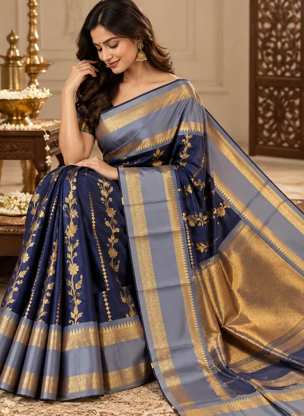 Navy_Blue_Silk_Golden_Embroidered_Grey_Border_Saree_For_Women