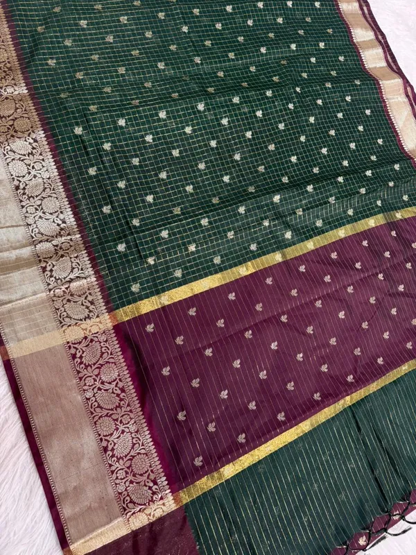 Green_Chanderi_Silk_Checkered_Zari_Border_Saree_For_Women