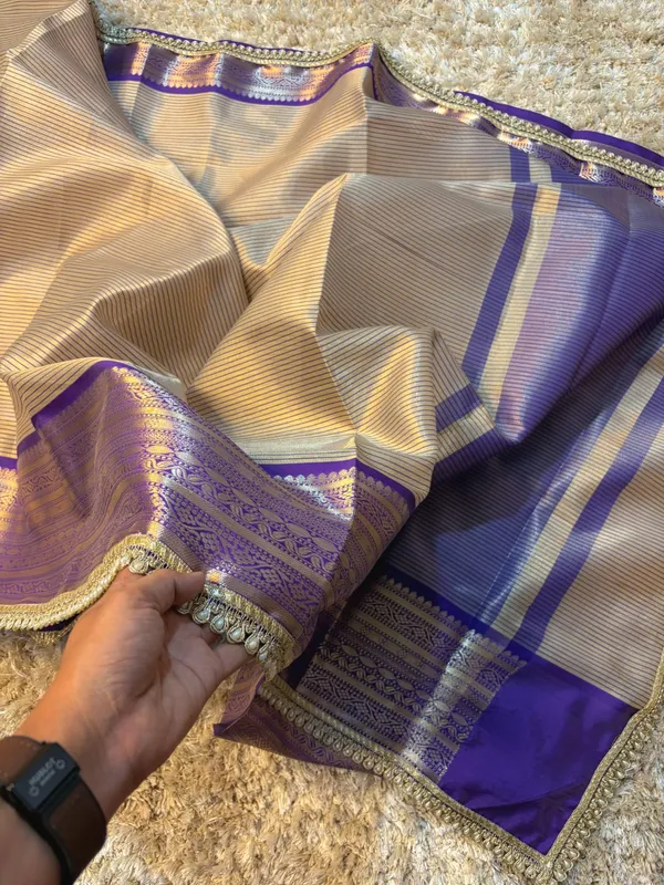Grey_Blue_Silk_Checked_Saree_With_Purple_Zari_Border_For_Women