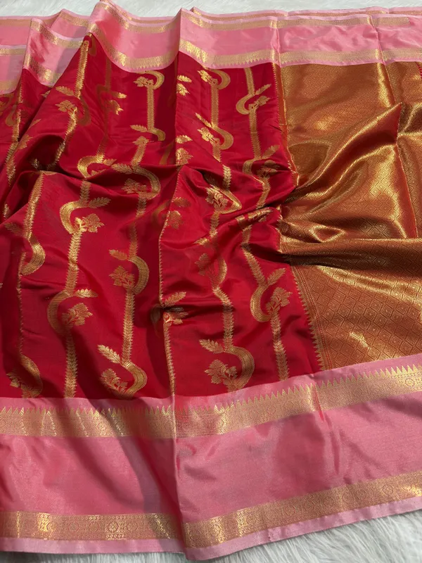 Red_Banarasi_Silk_Paisley_Golden_Zari_Pink_Border_Saree_For_Women
