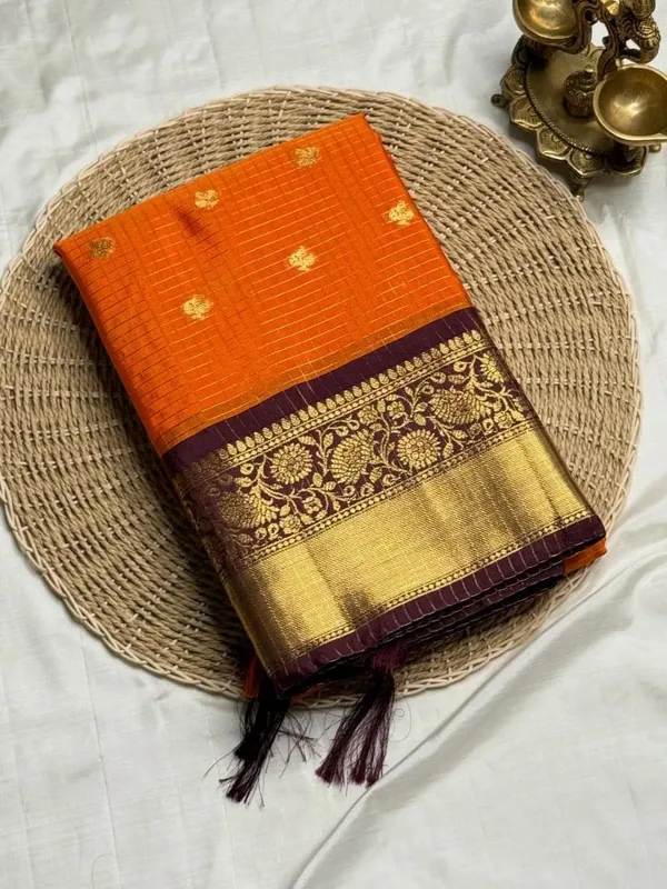 Orange_Silk_Zari_Floral_Motif_Saree_With_Purple_Pallu_For_Women