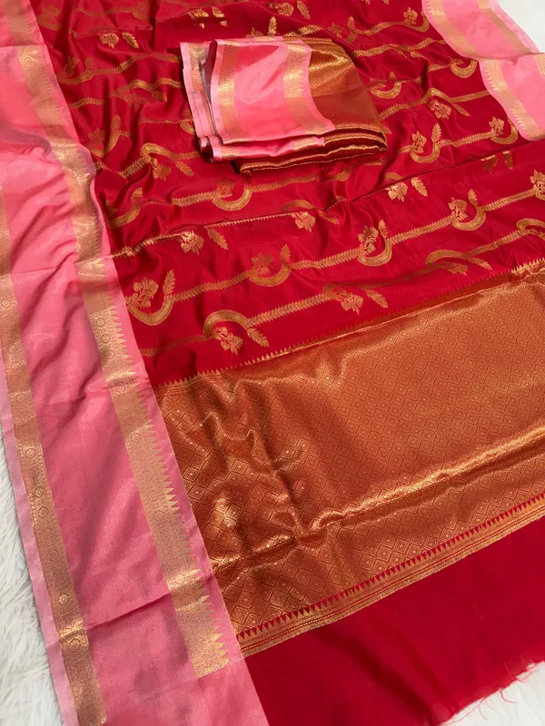 Red_Banarasi_Silk_Paisley_Golden_Zari_Pink_Border_Saree_For_Women