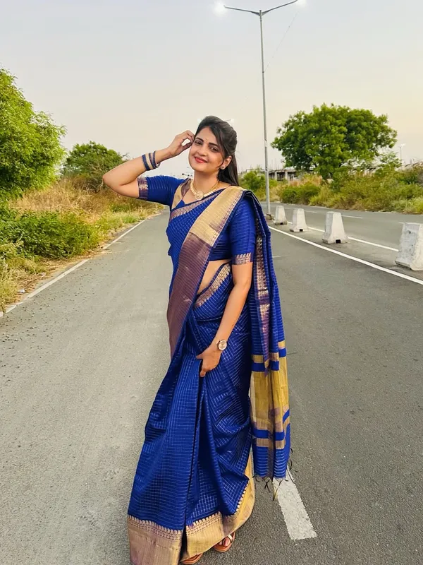 Royal_Blue_Silk_Checked_Zari_Border_Saree_For_Women