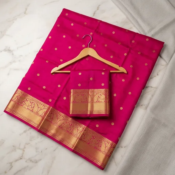 Pink_Silk_Zari_Buti_Saree_With_Golden_Brocade_Blouse_For_Women