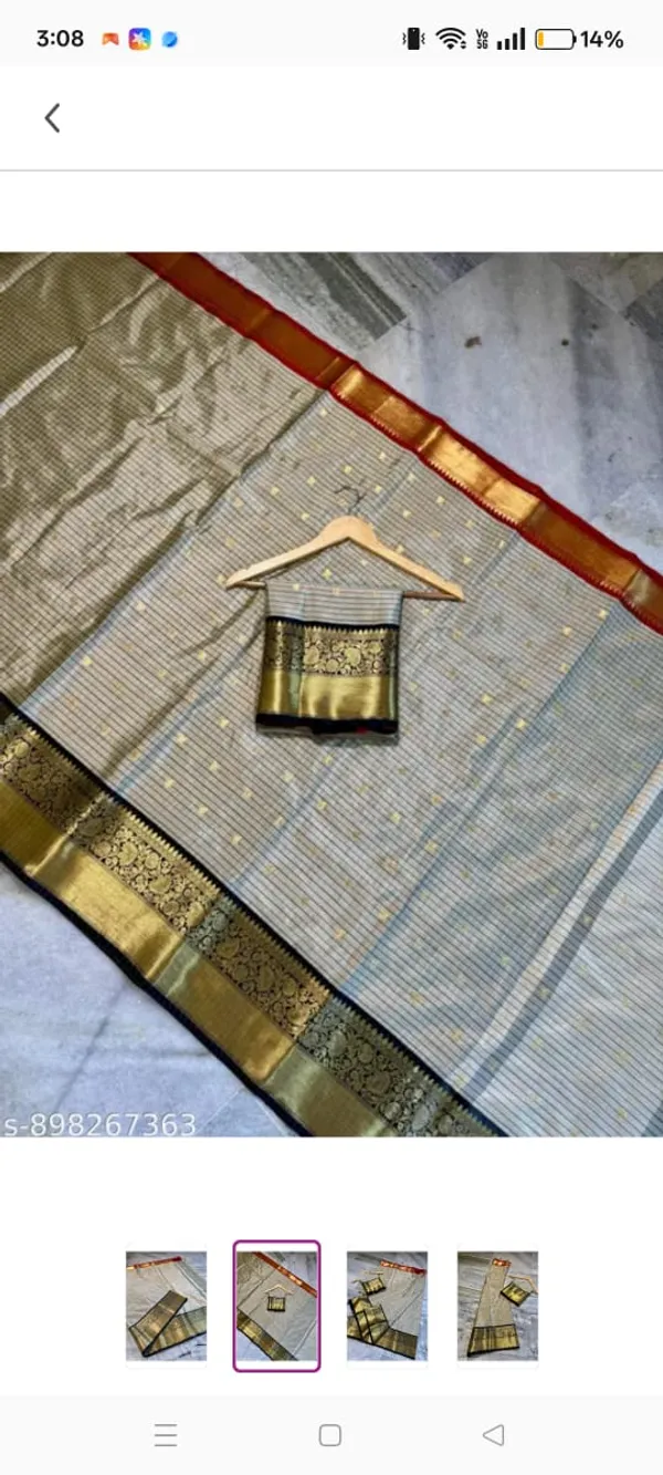 Grey_Silk_Checked_Golden_Zari_Border_Red_Blouse_Saree_For_Women