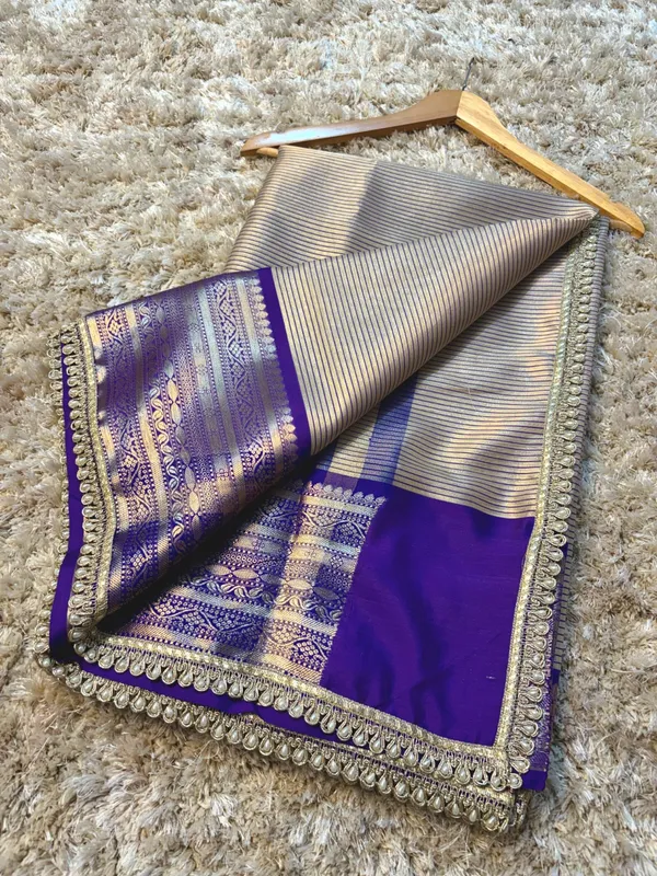 Grey_Blue_Silk_Checked_Saree_With_Purple_Zari_Border_For_Women