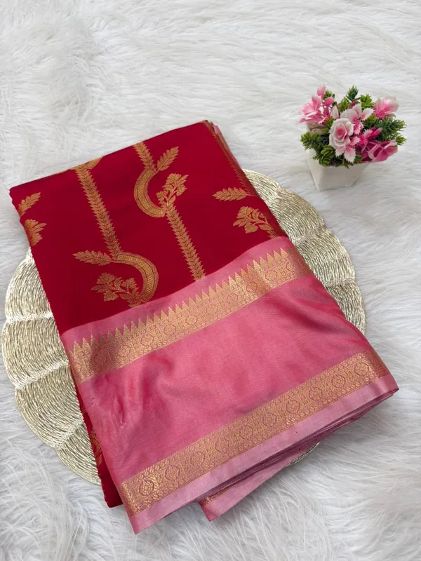 Red_Banarasi_Silk_Paisley_Golden_Zari_Pink_Border_Saree_For_Women