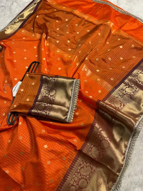 Orange_Chanderi_Silk_Butta_Work_Saree_With_Golden_Zari_Border_For_Women