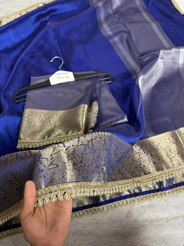 Royal_Blue_Banarasi_Silk_Zari_Work_Saree_With_Green_Blouse_For_Women