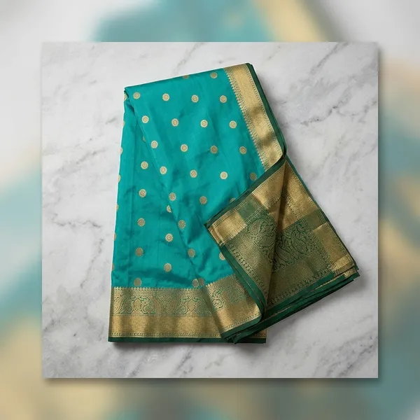 Turquoise_Silk_Zari_Butta_Saree_With_Golden_Border_For_Women