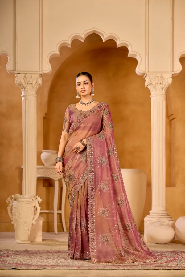 Peach_Rose_Organza_Silk,_Double_Crystal_Work_Saree_For_Women