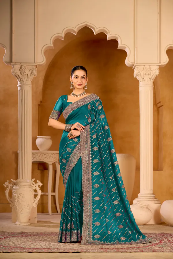 Peacock_Teal_Zari_Inspired_Detailing_Organza_Satin_Saree_For_Women