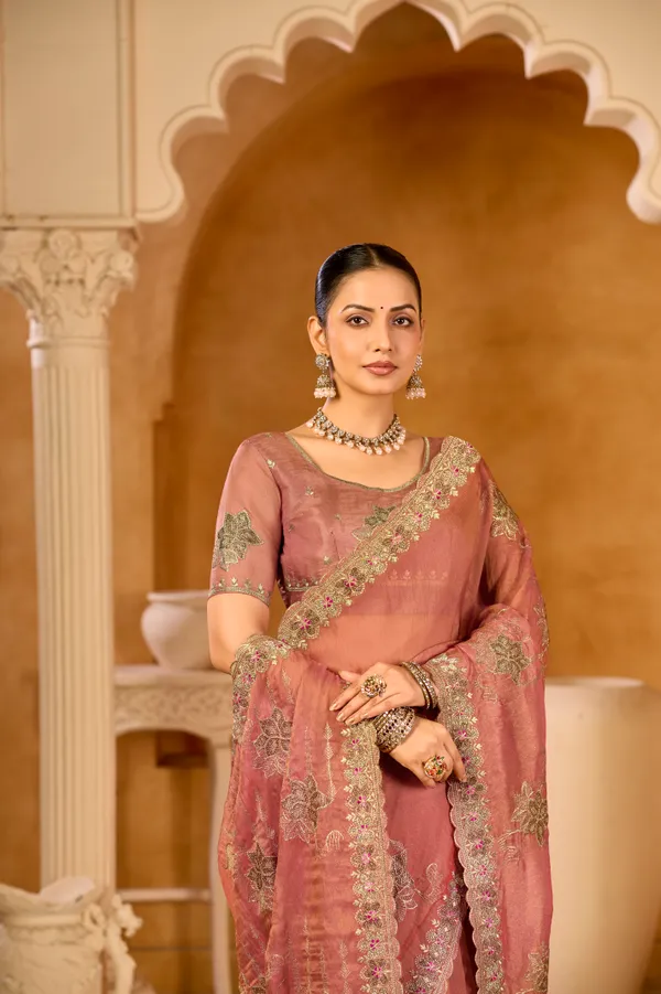 Apricot_Orange_Organza_Silk,_Double_Crystal_Work_Saree_For_Women